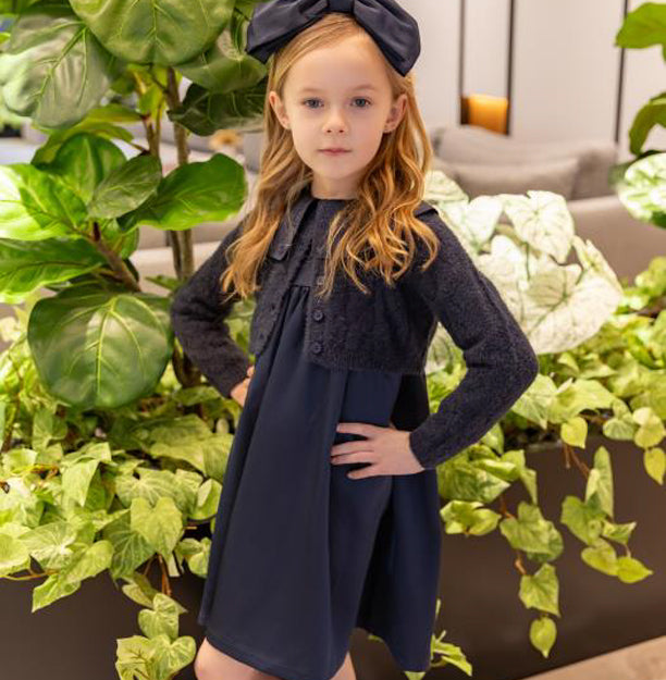 Navy Satin Dress with Mohair Crop Cardigan