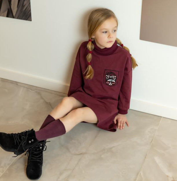 burgundy Mode Face Pocket Dress 