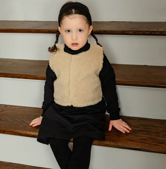 Black Mock Neck Dress with Sherpa Vest