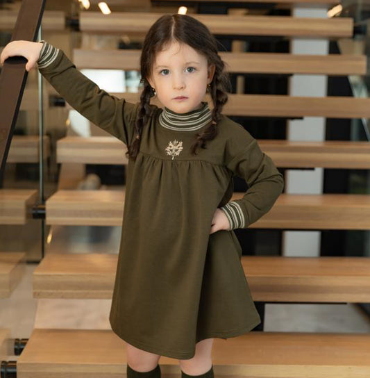 Khaki Ribbed French Embroidery Dress