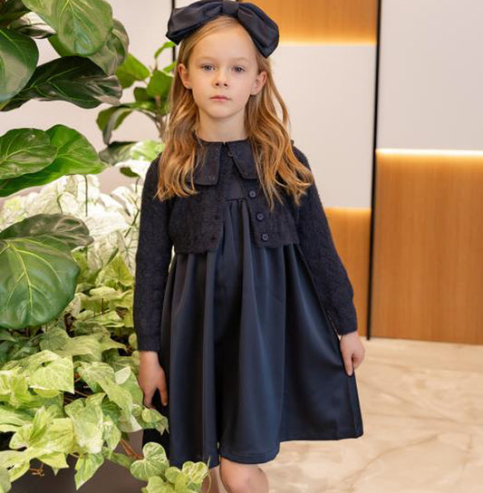 Navy Satin Dress with Mohair Crop Cardigan