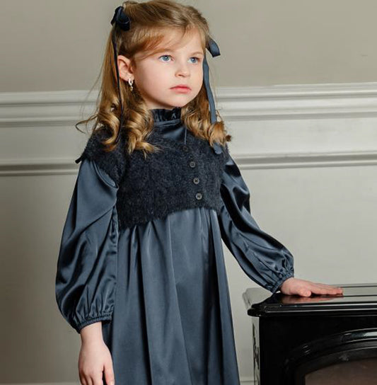 Navy Silk Dress with Mohair Vest