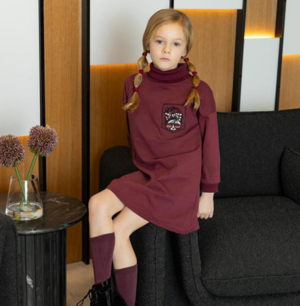 burgundy Mode Face Pocket Dress 