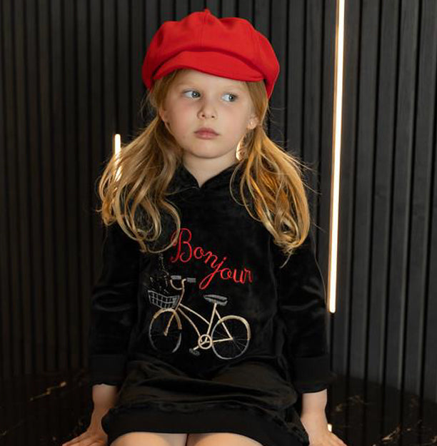 Black Velour Hooded Bonjour Dress 
