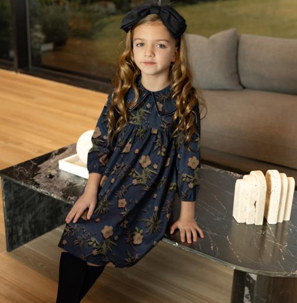 Blue Cord Velvet-Trim Dress