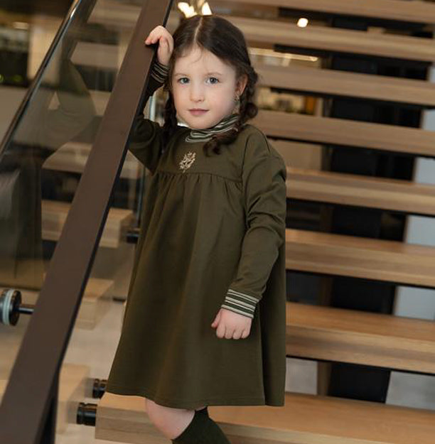Khaki Ribbed French Embroidery Dress