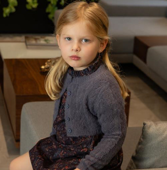 Paisley Pleated Collar Dress with Mohair Crop Cardigan