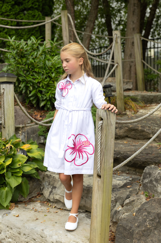 White Dress with Large Hotpink Emb Flower