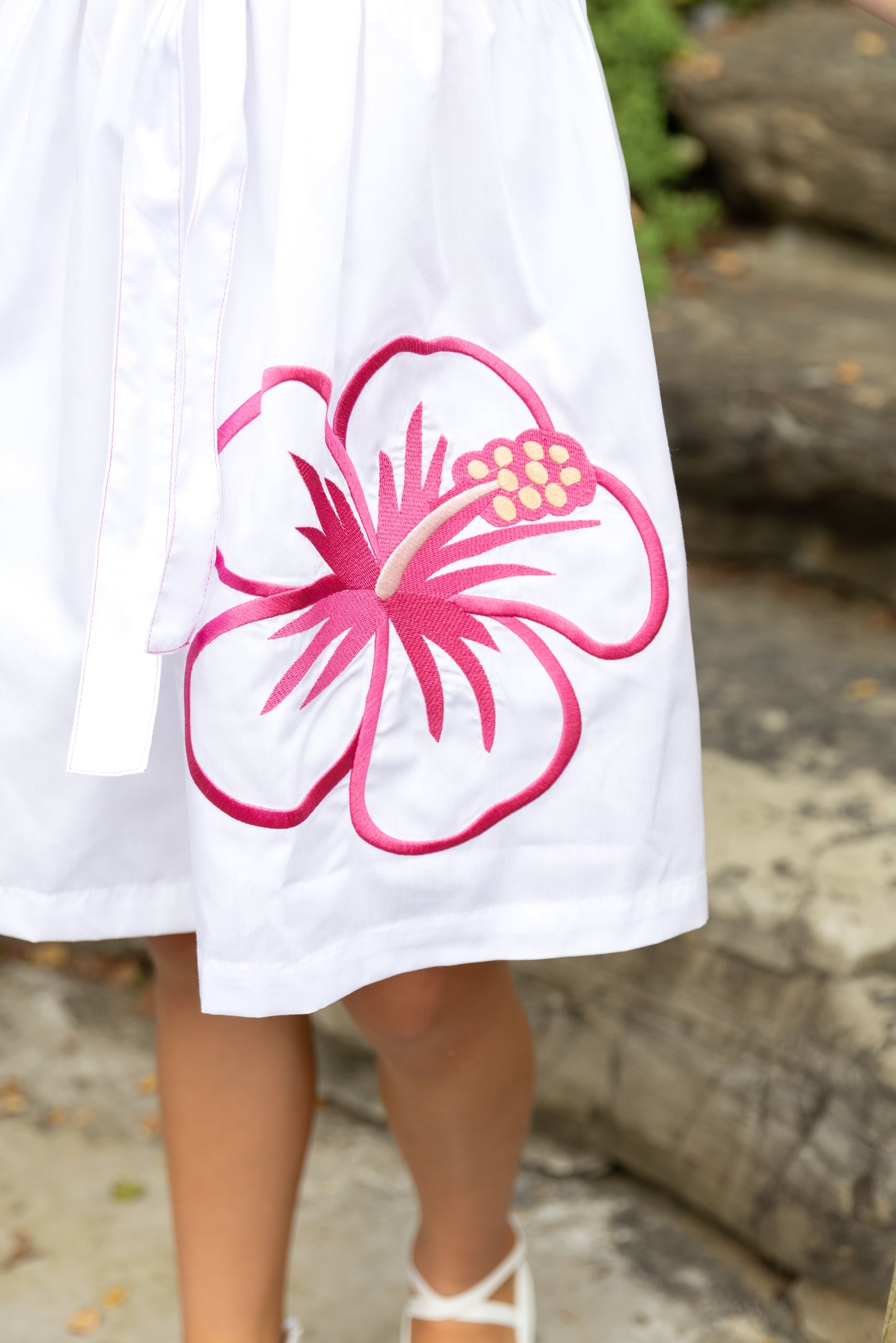 White Dress with Large Hotpink Emb Flower