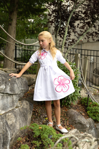 White Dress with Large Hotpink Emb Flower