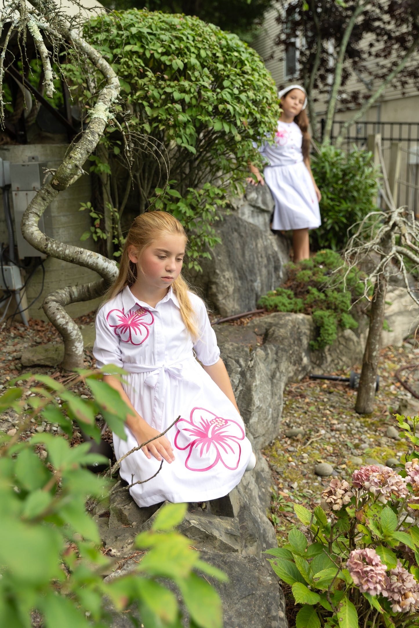 White Dress with Large Hotpink Emb Flower