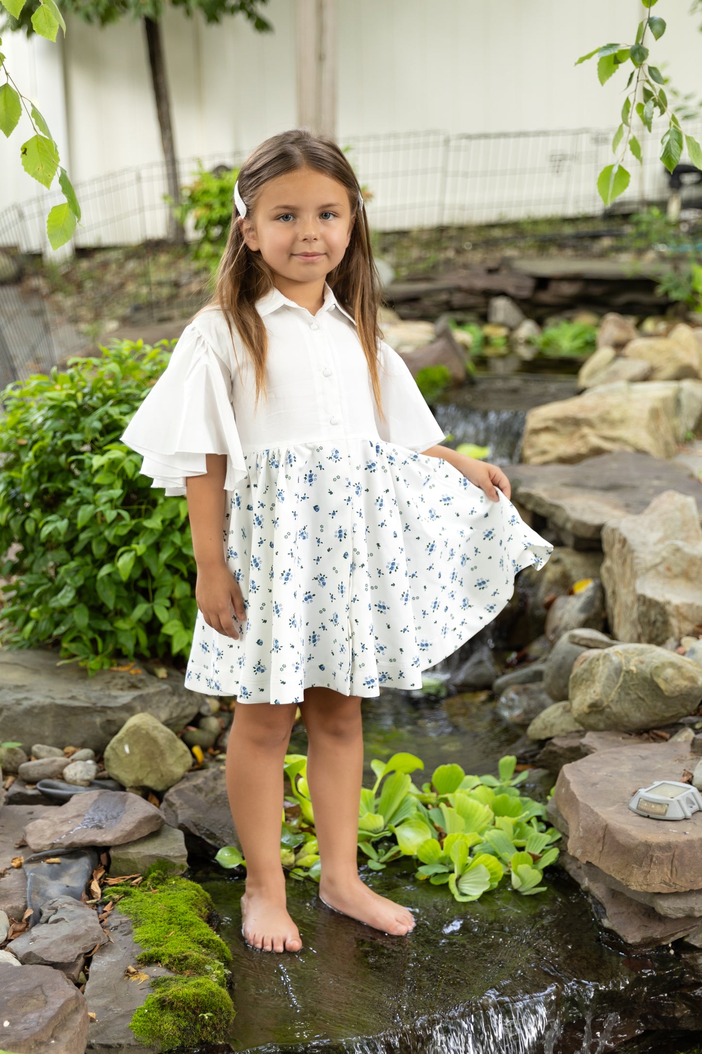 Ivory with Blue Floral Flair Sleeve Dress