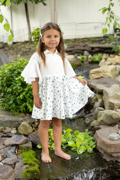 Ivory with Blue Floral Flair Sleeve Dress