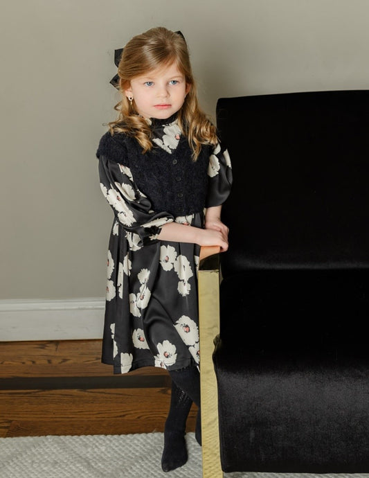 Floral Silk Dress with Black Mohair Vest
