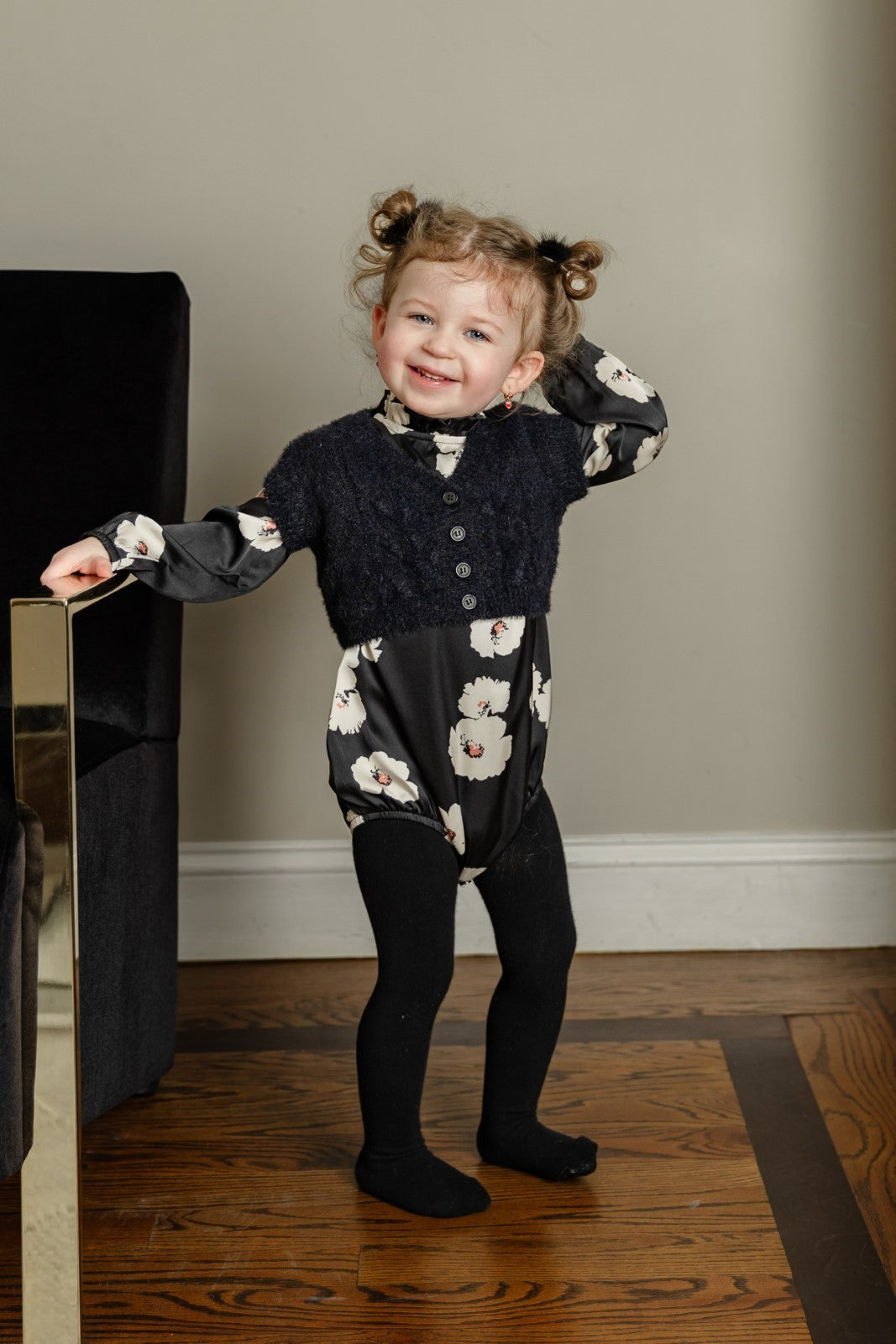 Floral Silk Romper with Black Mohair Vest