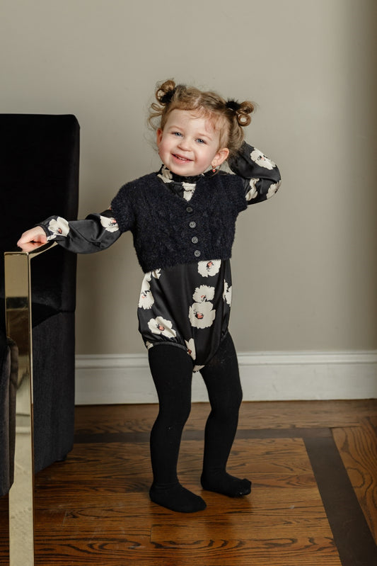 Floral Silk Romper with Black Mohair Vest